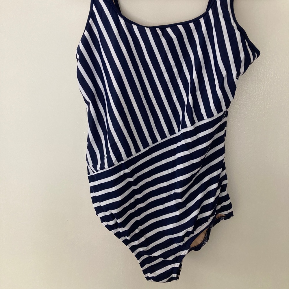 Land’s End navy striped bathing suit